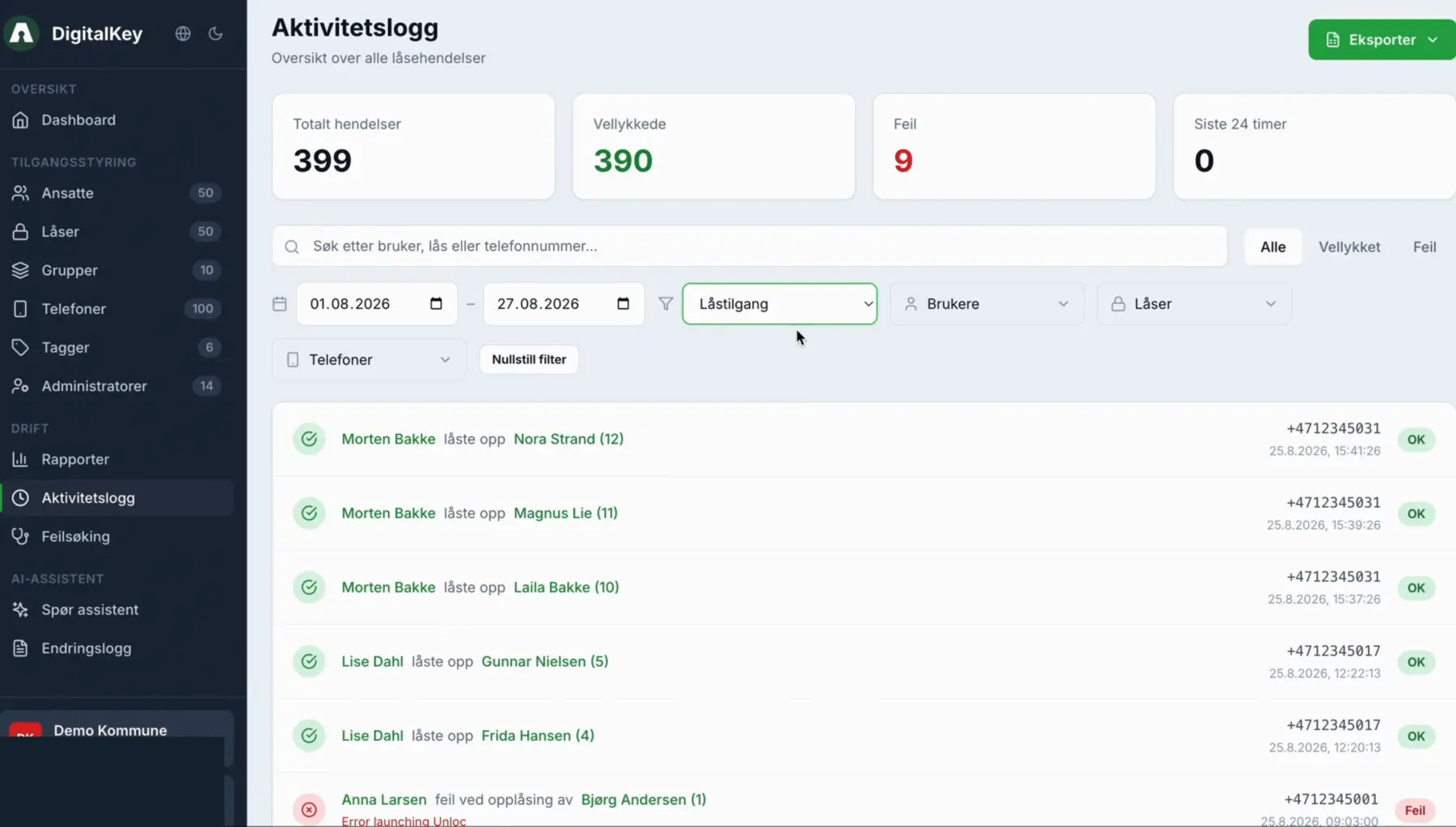 Aktivitetslogg i Aprire med filtre og status for låshendelser