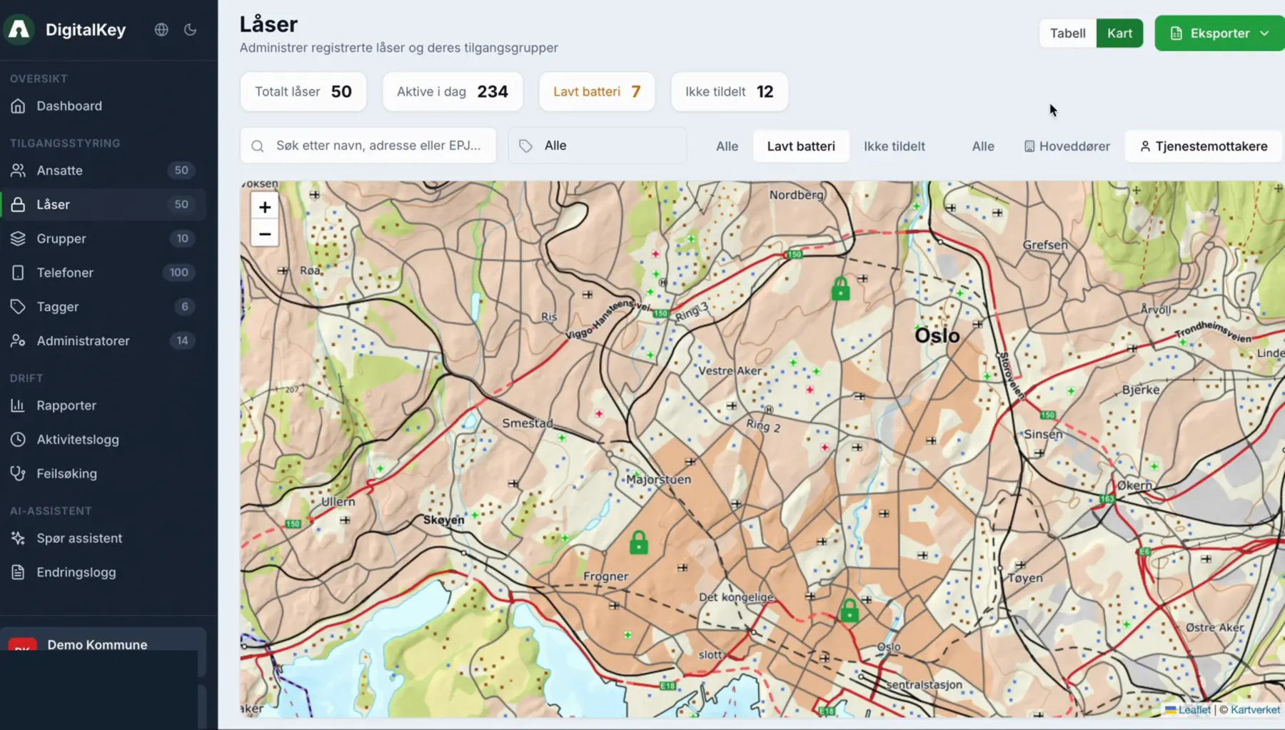 Aprire-dashboard med oversikt over digitale låser